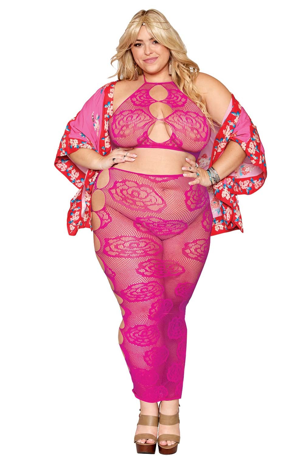 Ensemble Soutien-gorge et jupe longue en filet rose, grande taille - DG0485XBEE