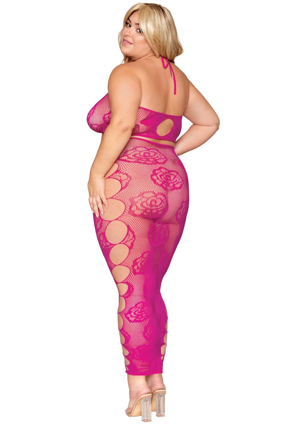 Ensemble Soutien-gorge et jupe longue en filet rose, grande taille - DG0485XBEE