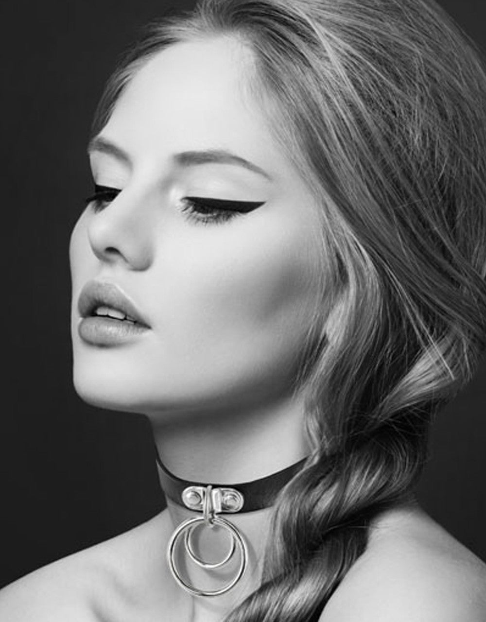 Collier en cuir noir SM avec double anneau métal argenté pour laisse - CC6060030010