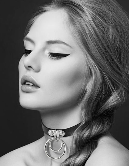 Collier en cuir noir SM avec double anneau métal argenté pour laisse - CC6060030010