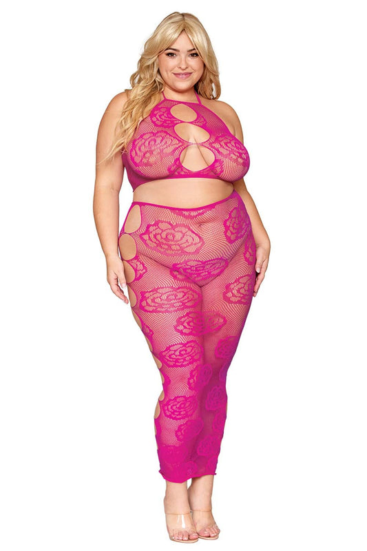Ensemble Soutien-gorge et jupe longue en filet rose, grande taille - DG0485XBEE