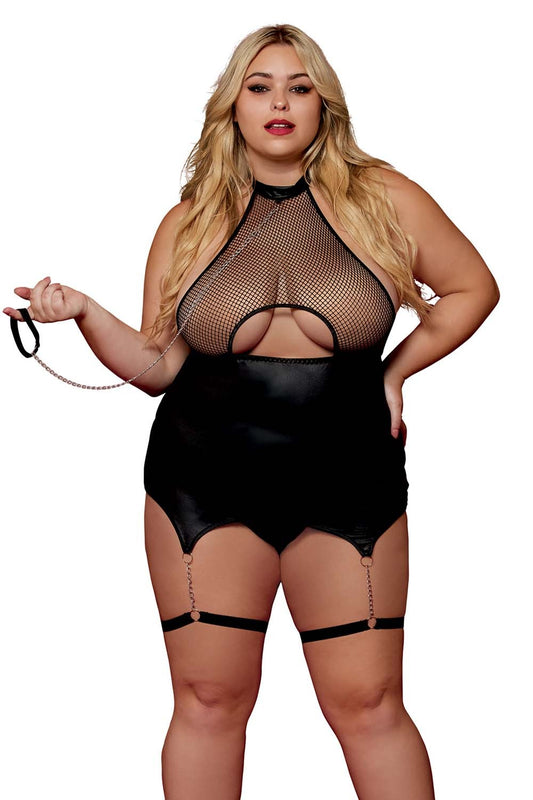 Body BDSM noir, grande taille, en maille avec corset / porte-jarretelles, simili cuir, intégré - DG13295XBLK