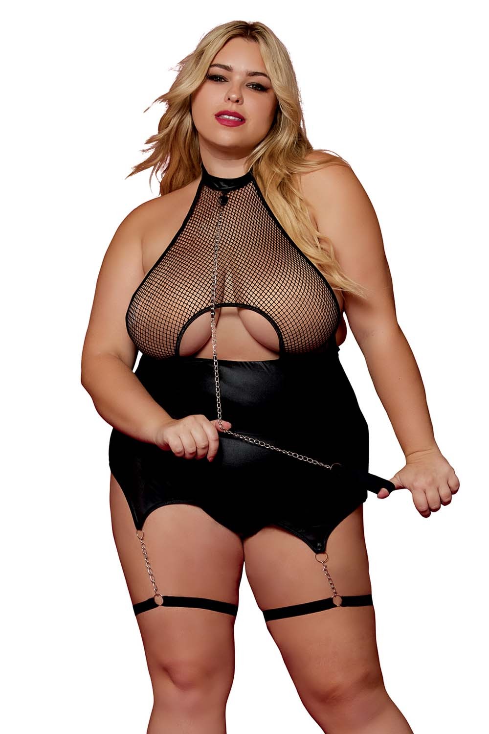 Body BDSM noir, grande taille, en maille avec corset / porte-jarretelles, simili cuir, intégré - DG13295XBLK